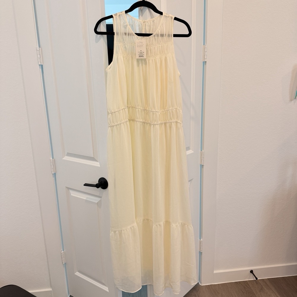 Cream Midi Dress Sleeveless Round Neck Tiered Chiffon Lined Sheer M